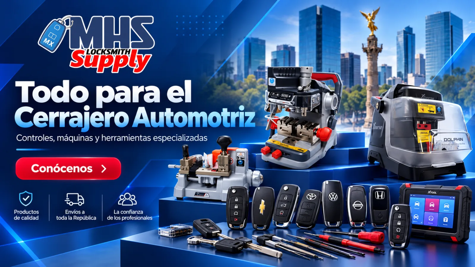 Todo para el cerrajero automotriz: controles, máquinas y herramientas especializadas.